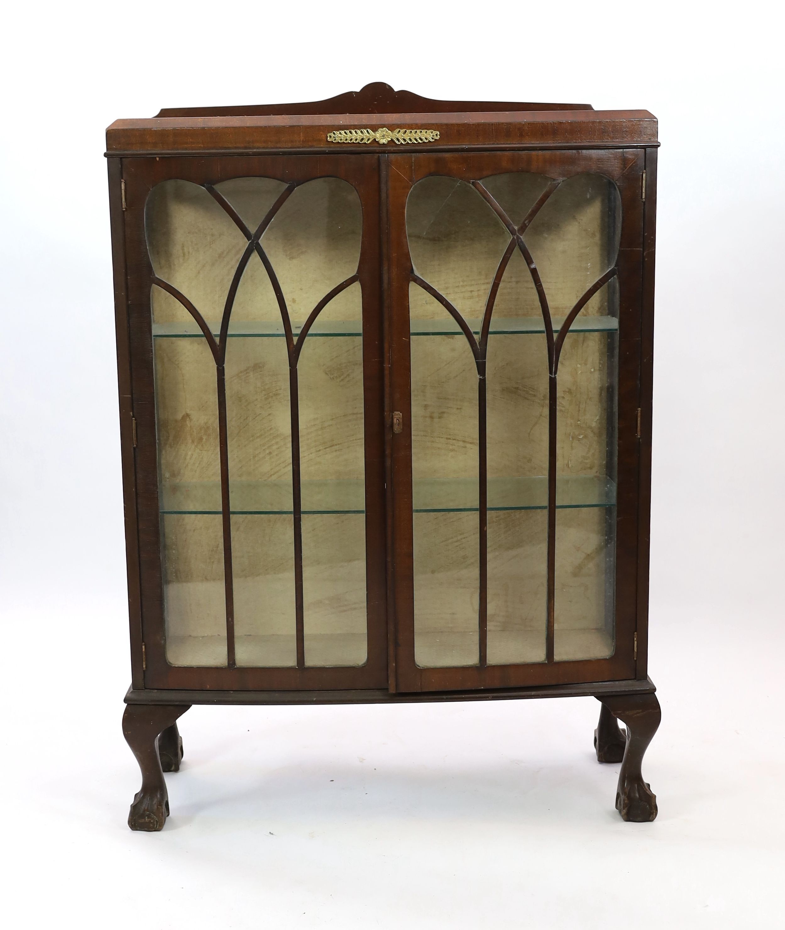 A 1920's mahogany bowfront display cabinet, width 88cm depth 32cm height 124cm